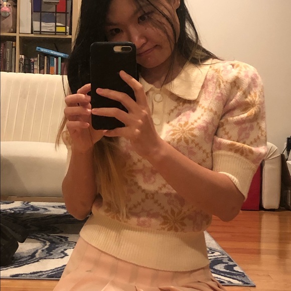 🐮 Cow Pattern Polo Mohair-like Sweater Pink and Cream - Picture 3 of 7